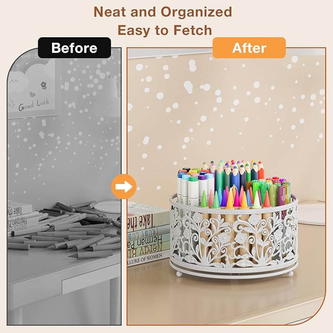 EKNITEY Rotating Mesh Desk Organizer - 4 Slots Cute Pen Pencil Holder Caddy | Sturdy Metal, 360°Rotation Smooth, 4 Compartments, Non-Slip Base, Cute Floral Design, for Office Home Classroom School, White