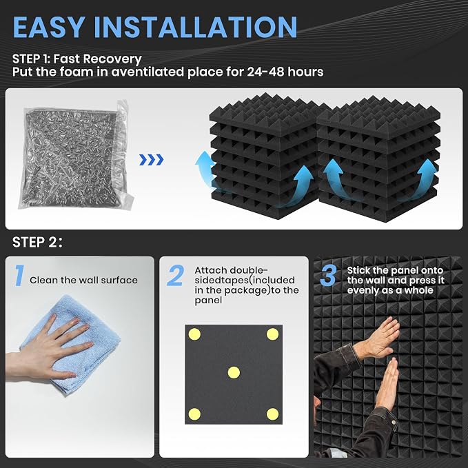 Focusound 52 Pack Sound Proof Foam Panels for Walls, 12" X 12" X 2" Pyramid Acoustic Foam Panels, High Density Noise Reduction Soundproof Panels for Studio Game Room with 300PCS Double-Side Adhesive