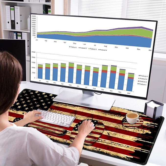 Large Mouse Pad with Wrist Support 4in1 Set, XXL Game Mousepad + Keyboard Wrist Rest+Mouse Wrist Rest+Coaster with Ergonomic Design Gaming Mat for Home Office Table Computer I Retro USA Flag