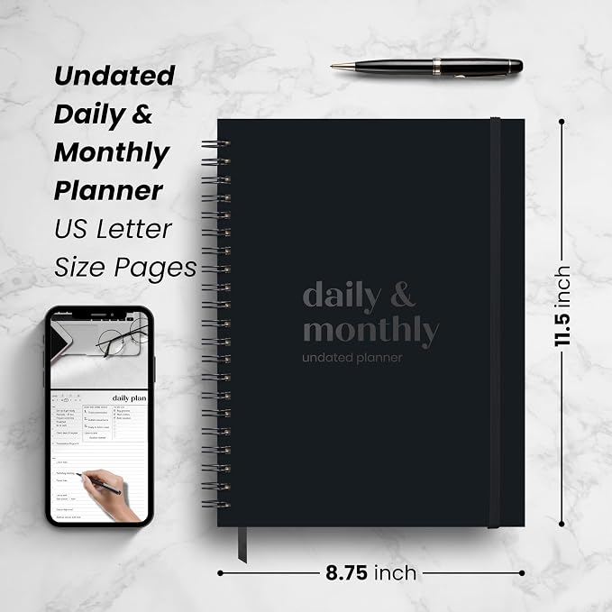 Undated Daily & Monthly Planner 2026-2027 | Hourly Schedule | Large 8.5" x 11" | Daily Work Planner with Full Page Per Day, To Do List, Time Blocking, Black Hardcover Spiral Notebook