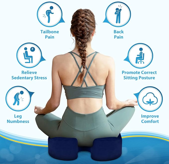 BlissTrends Seat Cushion,5.2in Thick Memory Foam Cushions for Office Chair, Car Seat, Airplane, Relieving Pressure Tailbone Sciatica Back Pain for Long Sitting Office Workers, Car Drivers Blue