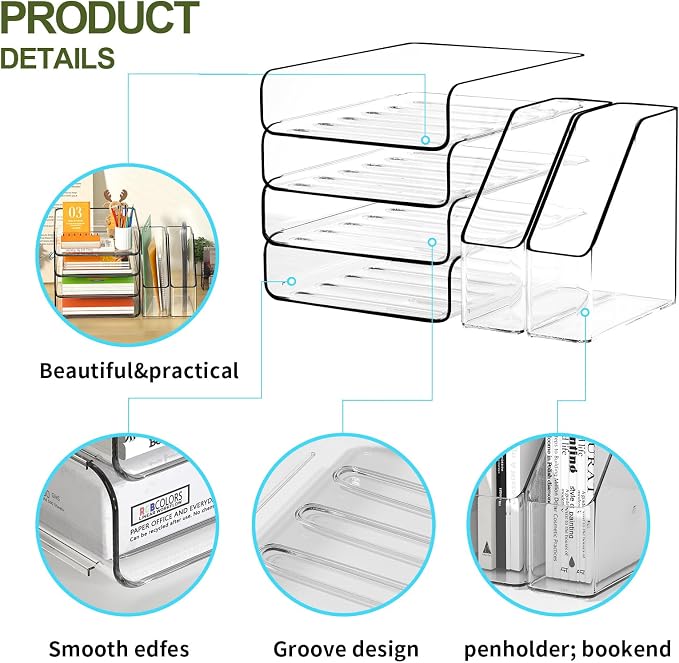 FANXIYQ 4-Tier Acrylic Paper Tray Organizer with Bookends, Paper Organizer | Tool-Free Stackable 1-4 Tier Design with 2 Bookends for Files, Folders and A4 Paper; For School, Home Office and Study Room