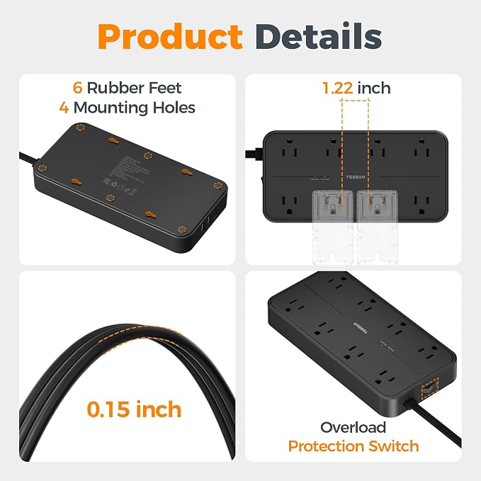 TESSAN Power Strip Surge Protector, 15FT Flat Plug Extension Cord with 8 Outlets 3 USB Charger(1 USB C), 1080 Joules Protection, Wall Mountable Charging Station for Home Office Dorm, Black