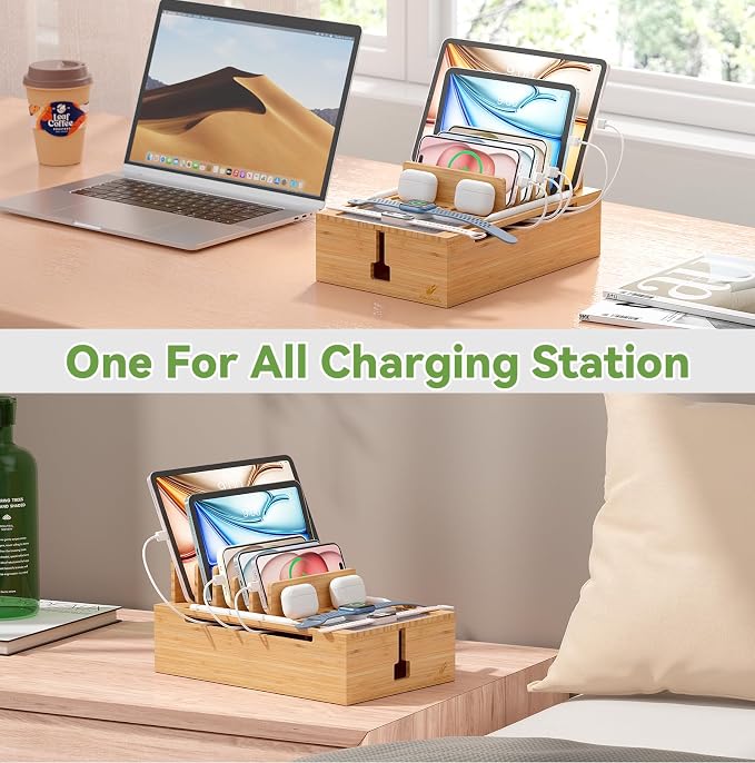 Pezin & Hulin Bamboo Charging Station-Natural, (No USB Charger and Cables) | Electronic Devices Organizer for Multiple Devices Charger Such As Cell Phone, Tablet, Watch and More