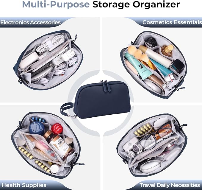 FYY Travel Cable Organizer - 8 Compartments Lightweight Water Resistant Tech Pouch with Wrist Strap, Portable Electronic Accessories Case for Cord Charger Storage for Travel Home Office Navy (Large)