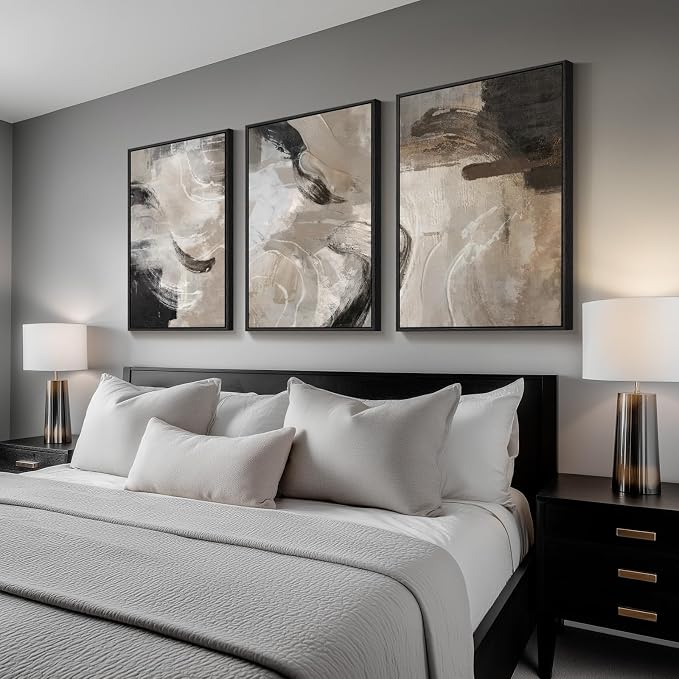 Large Framed Neutral Abstract Wall Art for Living Room, 3 Piece Modern Canvas Prints Paintings Artwork for Walls, Black Beige Brown Neutral Tone Pictures for Hallway Bedroom Office Wall Decor 24x36 In