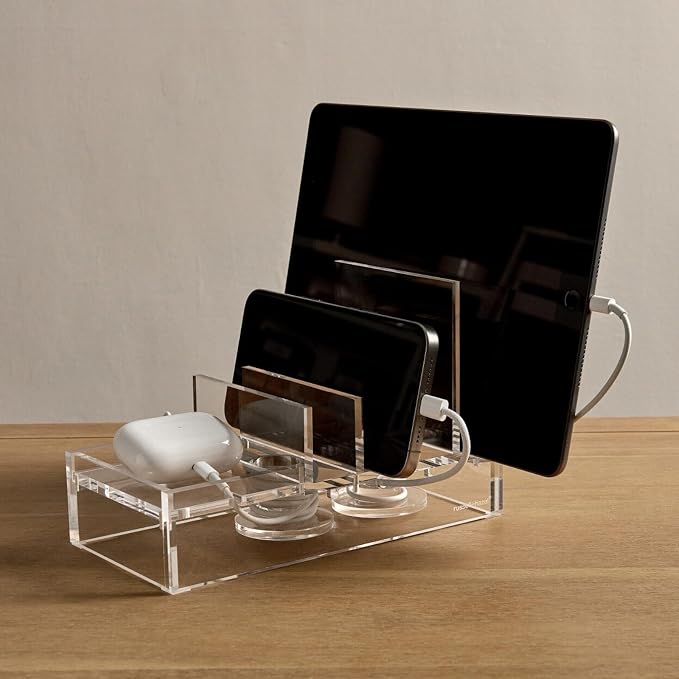 russell+hazel Acrylic Charging Station & Tech Collator, Clear | Charges and organizes phone, tablet & earbuds in one spot. A clear acrylic tech collator that tidies cords on any desk.