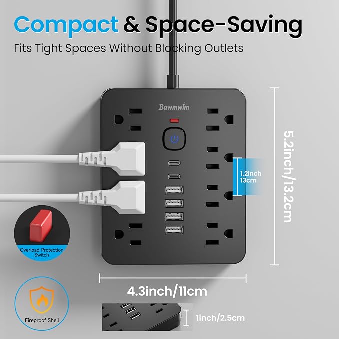 Surge Protector Power Strip, 8 Outlets(1850W/15A/14AWG), 6 USB Charging Ports(2 USB C), 15FT Flat Plug Extension Cord Outlet Extender with Overload Protection, ETL Certified for Office