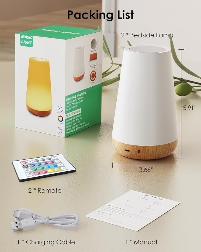 Night Light for Kids Set of 2, Rechargeable Lamp for Nursery with Timer & Memory, Dimmable Touch Lamp with Remote, Warm Night Lamp with 5 Brightness & 13 RGB Color for Baby Adult Gift