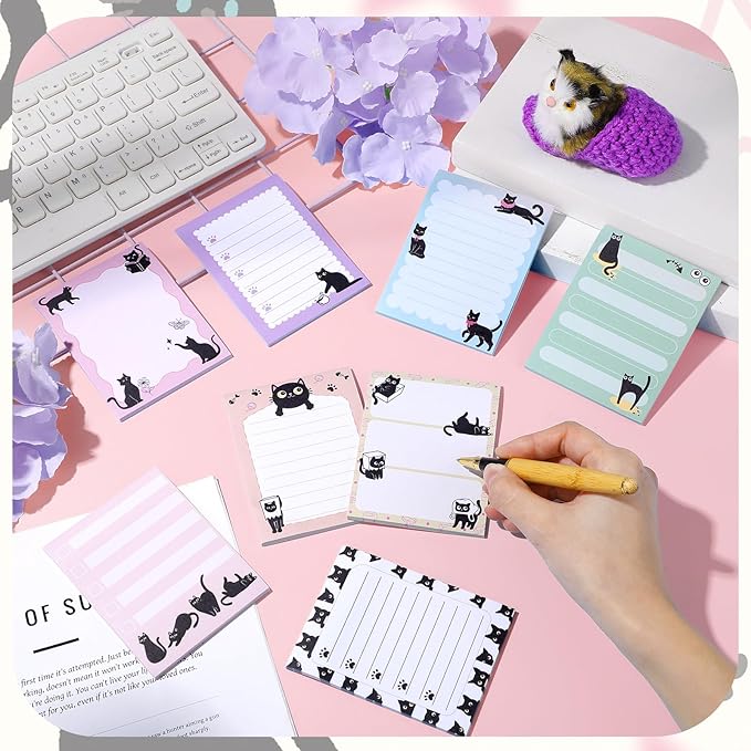 12 Pads Black Cat Sticky Notes 3x4 Inch Cat Notepad Cute Self Stick Notepads Funny Adhesive Memo Pad Office Decor Gifts for Animal Lover Gift Meeting Office Christmas Supplies