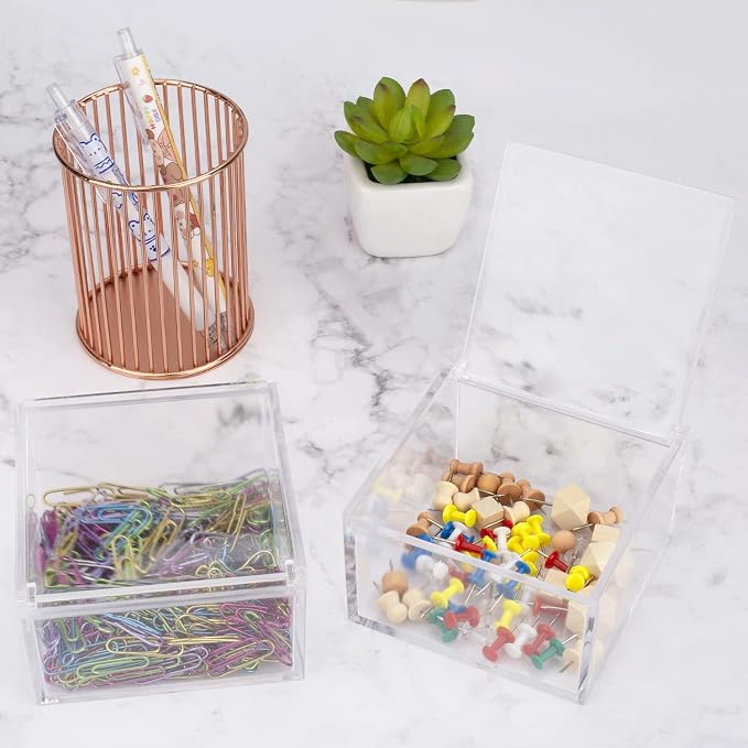 2 Pack Clear Acrylic Organizer with Lid for Paper Clips,Sticky Note,Qtip,Cotton Balls,Hair Ties Holder Acrylic Box for Home Office Bathroom Desk Organizer