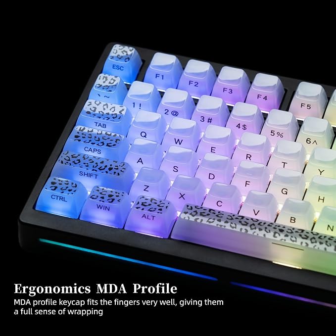 Womier Keyboard Keycaps Jelly, White Ceramic Keycaps Style, Transparent Leopard Print Key Cap Shine Through Custom 60 65 75 100 Percent for Cherry MX,Gateron Mechanical Keyboards,MDA Profile