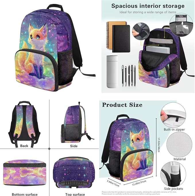 Ystardream Bling Cute Fox Backpack for Girls 8-12 Kids School Backpack with Lunch Bag,Pencil Bag,Water Bottle Sleeve,Large Laptop Bookbag with Multiple Pockets for Boys and Girls Daily Use