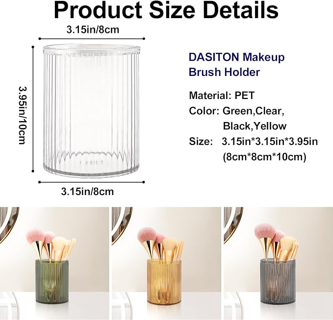 DASITON Makeup Brush Holder Organizer, Acrylic Makeup Brush Cup, Vintage Striped Make Up Brush Holder for Vanity, Bathroom Countertop, Toothbrush Holders, Pen Holder for Desk Storage (Clear)