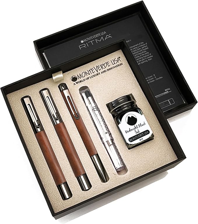 Monteverde Ritma 3+2 Piece Gift Set, Walnut - Includes Flex Nib Fountain Pen, Rollerball, Ballpoint, 30ml Ink & Refill - Ideal for Creative Writers & Collectors