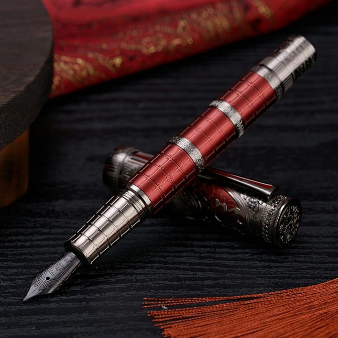 Hongdian D5X Fountain Pen Red Color Extra Fine Nib, Qin Dynasty Retro Chinese Totem Engraving Smooth Writing Pen with Converter and Pen Box Set
