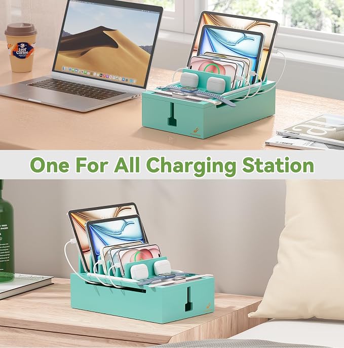 Pezin & Hulin Bamboo Charging Station-Teal, (No USB Charger and Cables) | Electronic Devices Organizer for Multiple Devices Charger Such As Cell Phone, Tablet, Watch and More