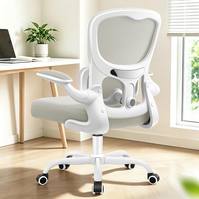 ALLGOD Ergonomic Office Chair, Breathable Mesh Ergonomic Desk Chair with Adjustable Lumbar Support, Flip-up Armrests, Computer Chairs Comfortable for Home, Office, Work, 300lbs, White, Upgrade