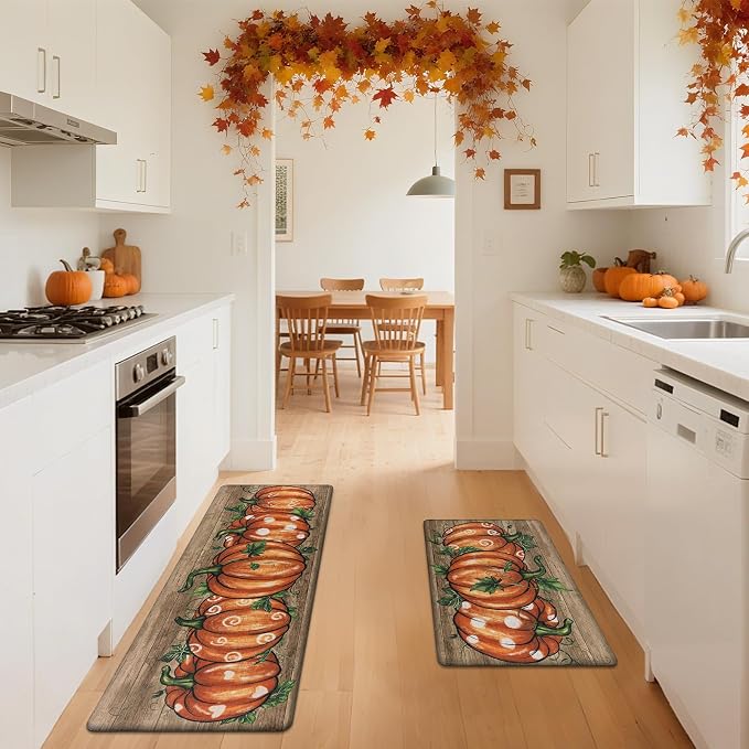 SHACOS Fall Anti Fatigue Kitchen Mats Orange Pumpkins, 17x27.5+17x47 | Wood Board Autumn Harvest Cushioned Kitchen Rugs Set of 2 Non Slip Kitchen Floor Mat Ergonomic Standing Mats