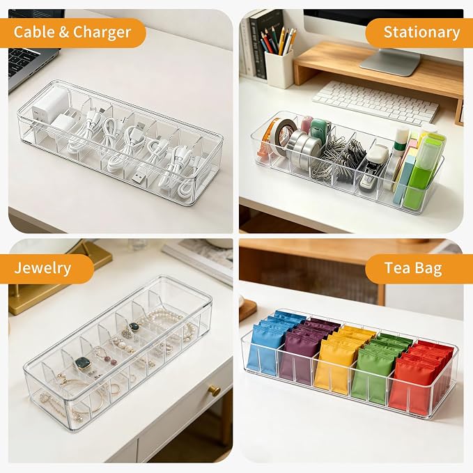 Cable Organizer Storage Box with Lid - Clear Phone Charger Cord Organizer Case - Cables Wire Management Box with Adjustable Compartments 10 Wire Ties for Drawer Desk Office Home Accessories(1 pack)