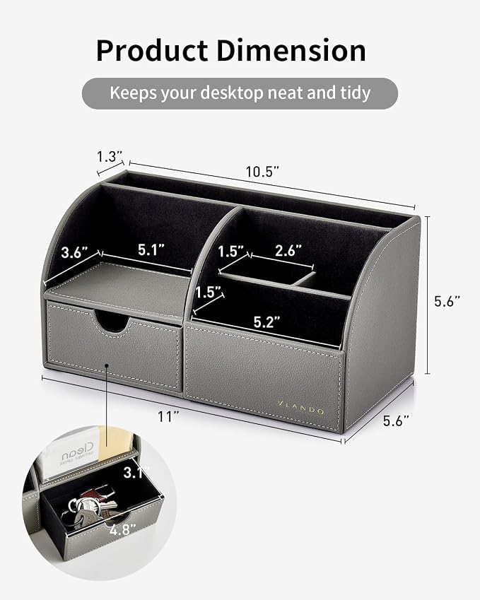 VLANDO PU Leather Desk Drawer Organizer with 6 Compartments | Office Supplies for Desk, Nightstand Organizer,Home Office School Supplies,Gray