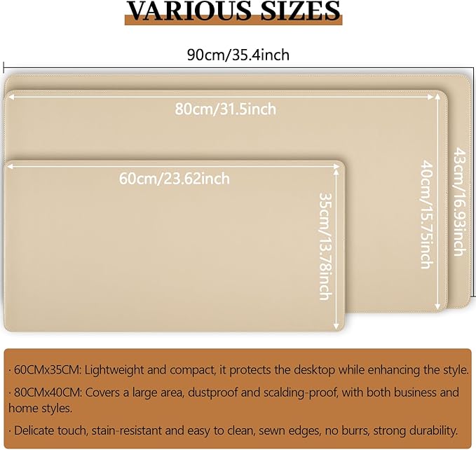 Leather Desk Pad, Desk Matt for Desktop, Non-Slip Keyboard and Mouse Pad, Waterproof Computer Desk Protector Mat, Beige Desk Accessories for Women, 23.6"x13.7"