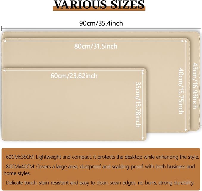 Beige Leather Desk Pad Large Mouse Pad, 35.4"x17" | Waterproof Desk Mat for Keyboard and Mouse, Non-Slip Computer Desk Protector, Smooth Mouse Control for Home Office