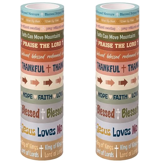 Christian Washi Tape Set 24 Rolls 12 Styles with 4 Widths (0.75cm/1cm/2cm/3cm) x 3cm Length Religious Scripture Decorative Tape for Scrapbooking Journaling Gift Wrapping Arts DIY Crafts