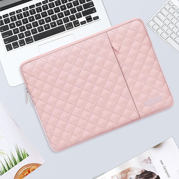 MOSISO Laptop Case 15 inch, 15 inch Laptop Sleeve Compatible with MacBook Air M4 M3 M2 2025 2024 2023, Dell XPS Plus, Square Quilted Vertical Computer Bag with Pocket&Small Case, Chalk Pink