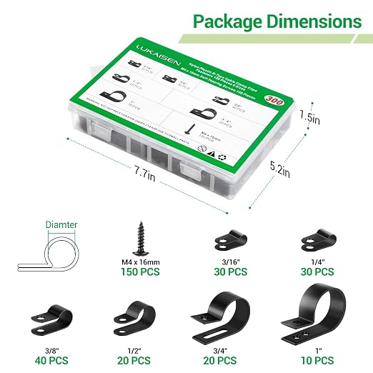 300PCS Nylon R-Type Cable Clips for Cable Management with M4 Screw, 6 Sizes | Good Ductility, Fireproof, 6 Sizes (3/16'' 1/4'' 3/8'' 1/2'' 3/4'' 1''), 150pcs M4 Black Screws, for TV/PC/AC Cables & Wires