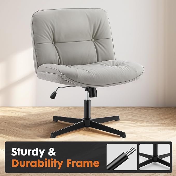 Sweetcrispy Criss Cross Chair, Wide Seat PU Leather Armless Office Desk Vanity Chair, Comfortable Adjustable Swivel Computer Task Chairs for Bedroom, Small Space Make Up, Grey