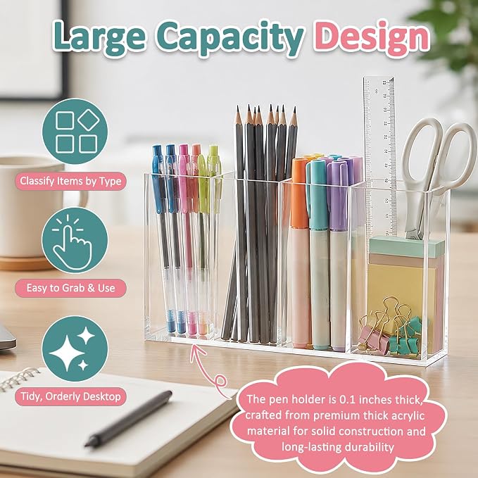 Mototo Acrylic Pen Holder Back to School 4 Compartments Pencil Organizer | Clear Pencil Cup Desktop Caddy Makeup Brush Storage Solution for Cosmetic Office Bathroom Kitchen Home Coffee Bar Container