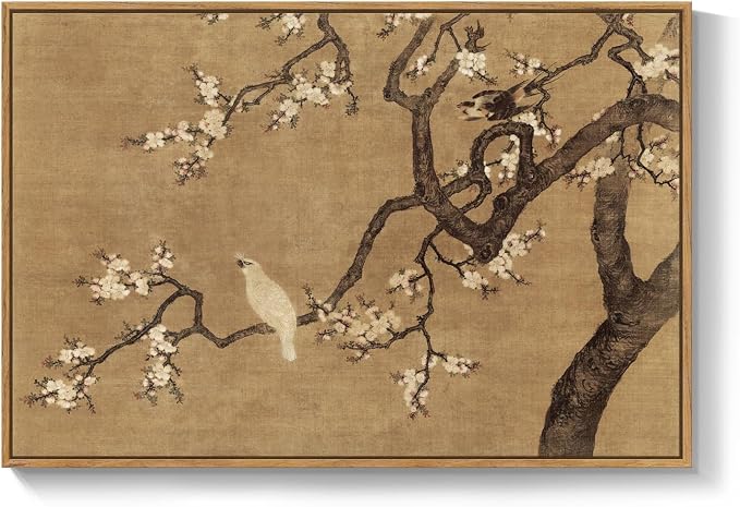 Framed Vintage Asian Wall Art, Neutral Chinoiserie Plum Blossom Branch Floral Bird Canvas Prints Painting, Zen Japandi Oriental Picture for Living Room Bedroom Kitchen Wall Decor, 24x36 Inch