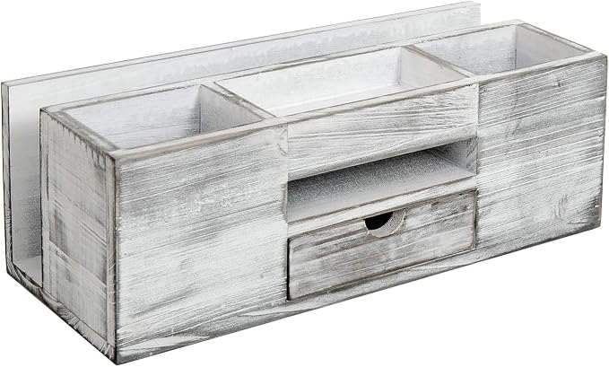 Liry Products Whitewashed Wooden Desktop Organizer Multiple Compartments Rack Shelf Drawer Tabletop Wood Storage Cabinet Office Supplies Caddy Document Stationery Holder Accessory Sorter Vanity Home