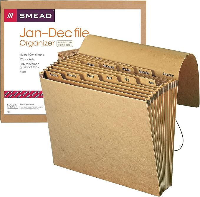 Smead Expanding File with Flap and Cord Closure, 12 Pockets, Monthly (Jan-Dec), Letter Size, Kraft (70186) (Pack of 1)