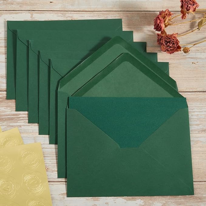 50 Pack Dark Green A7 Envelopes with Cards and Gold Stickers, 5x7 | With Thick Folded Cardstock, For Greeting Cards, Wedding, Birthday, Invitations, Baby Showers