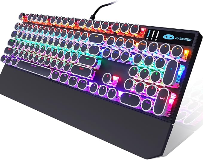 Camiysn Typewriter Style Mechanical Gaming Keyboard, Black Retro Punk Gaming Keyboard with RGB Backlit, 104 Keys Blue Switch Wired Cute Keyboards, Round Keycaps for Windows/Mac/PC