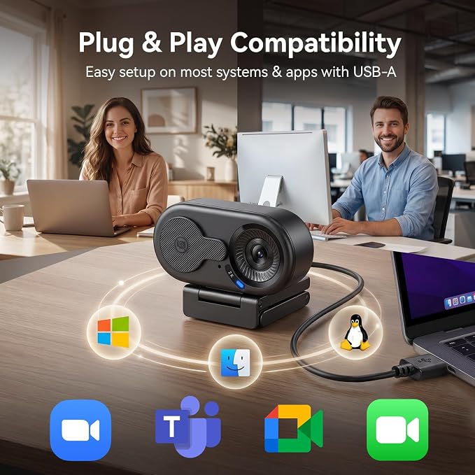 EMEET C100 2K Webcam for PC, Built-in Mic, Rotating Privacy Cover, Portable Metal Clip, Computer Camera for Home Office, Meetings, Learning, Streaming, External Webcam for Desktop, Laptop, PC USB-A