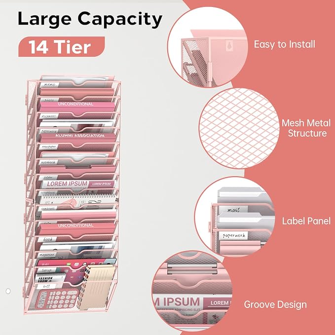 14 Tier Wall Hanging File Organizer, Paper Folder Holder Wall Mounted, Metal Mail Sorter for Office Home School, Pink