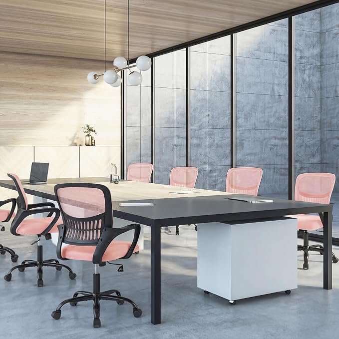 OLIXIS Ergonomic Office Desk Chair, Executive Mid-Back Computer Chair with Comfortable Lumbar Support & Rocking Mode, Height Adjustable with Fixed Armrest, 360ยฐ Swivel, for Adults, Pink