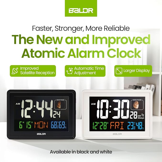 Baldr Digital Alarm Atomic Clock, 7'' Display with Adjustable Brightness | Large Desk Clock Indoor Temperature, Humidity & Moon Phase for Living Room Bedroom, Adapter Powered, White