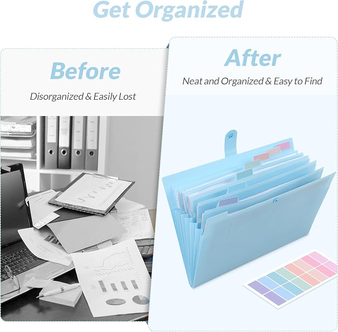 SKYDUE Expanding File Folder with 5 Pockets, Accordion File Organizer,Portable Receipt Paper Documents Organizer,Letter Size Filing Folder School Office Supplies,Lightblue