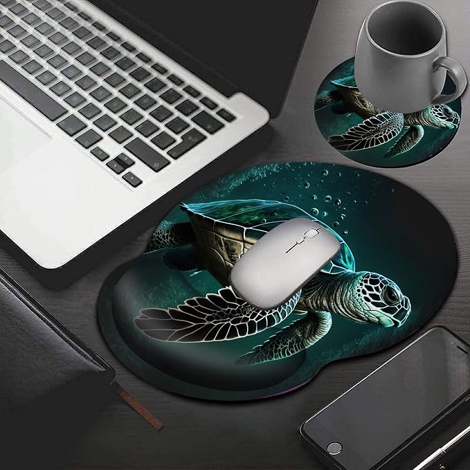 Mouse Pad with Wrist Support Gel, Ergonomic Mouse Pad with Comfortable Wrist Rest, Gaming Mousepad Non-Slip PU Base for Laptop Office Easy Typing & Pain Relief,Cute Green Sea Turtles