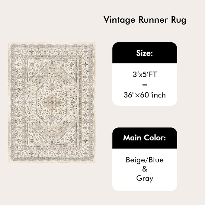 Washable 3x5 Area Rug for Entryway - Bedroom Rugs with Non Slip Rubber Backing for Kitchen Bathroom Indoor Soft Stain Resistant Carpet Rug for Pet Feeding Area and Distressed Floor Decor Beige/Gray