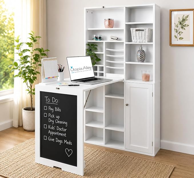 Utopia Alley Fold Down Wall Desk with Storage Shelves – Space Saving Murphy Desk Cabinet for Home Office, Craft Room, Apartment & Small Spaces, White