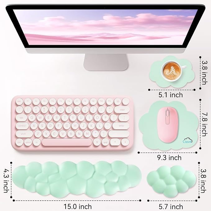 Sushret Cloud Wrist Rest for Computer Keyboard, 4-in-1 Memory Foam Leather Cloud Keyboard Wrist Rest and Mouse Pad Set with Ergonomic Support for Arm and Palm Cushion, Gaming/Work Setup, Light Green