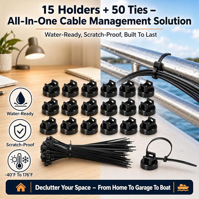 Magnetic Zip Tie Mounts 20mm, 15 Pack Cable Tie Mount Bases with 50 Zip Ties, Heavy Duty Cable Clips for Wire Management, Magnet Cord Holder Organizer for Desk, PC, Home Office
