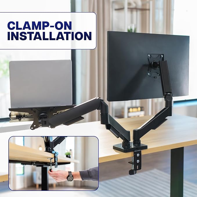 VIVO Universal Adjustable Monitor and Laptop Desk Mount, 17 to 32 inch Monitors, 10 to 15.6 inch Laptops, Dual Mechanical Arm VESA Notebook Stand with C-clamp and Grommet Options, Black, STAND-V002O-L