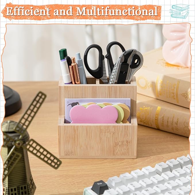 Maitys Bamboo Wood Pen Holder for Desk Wooden Pencil Remote Control Organizer with 3 Compartments Small Desk Accessories for Workspace Home Office Classroom Bathroom