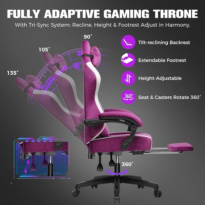 GTPLAYER Big and Tall Gaming Chair 350lbs Heavy Duty Office Chair with Foot Rest, High Back Pocket Spring Ergonomic Computer Chair for Adults, Wide Comfy Seated Cushion with Linkage Armrests, Purple